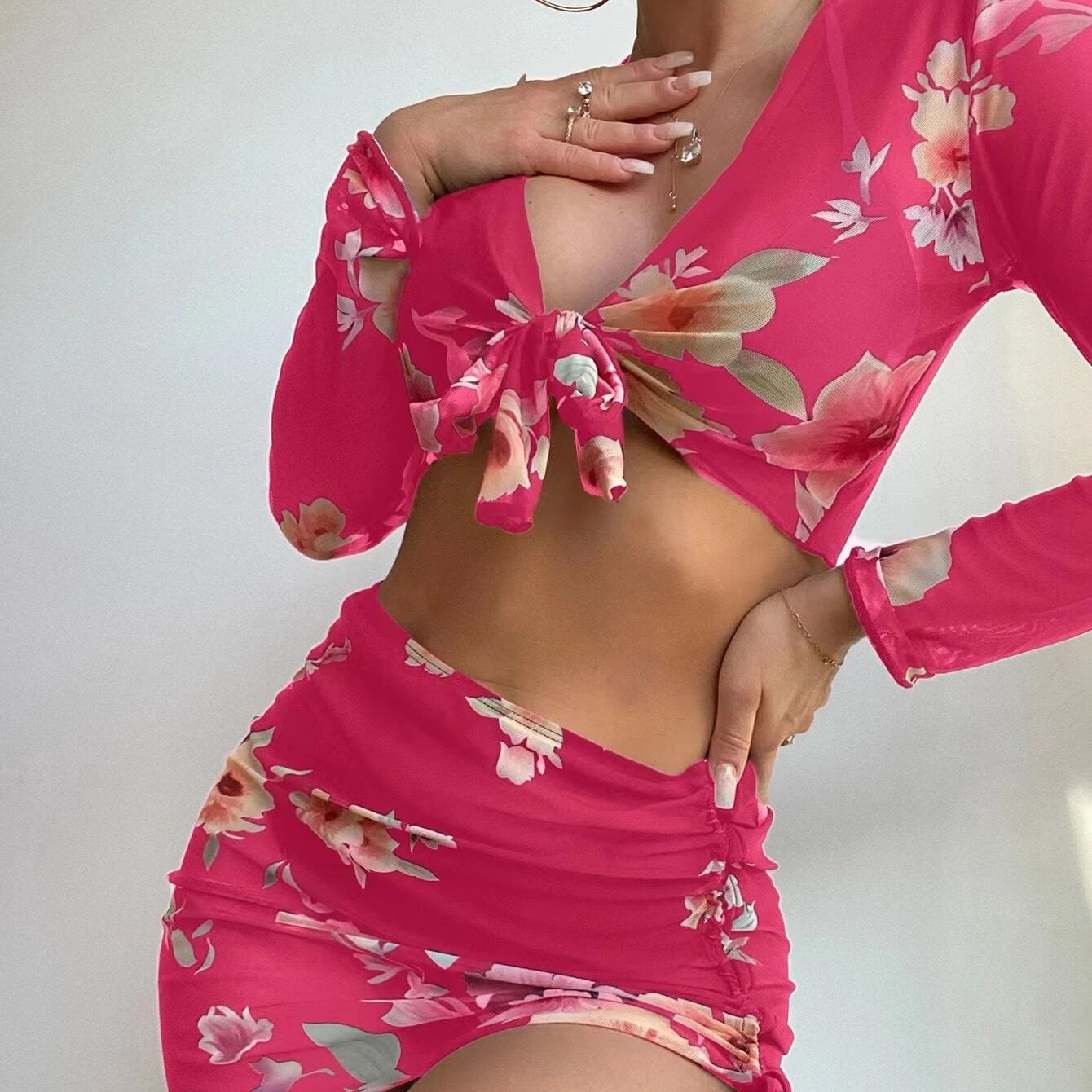 Wholesale Four-piece Set Split Printed Mesh Long Sleeve Swimwear